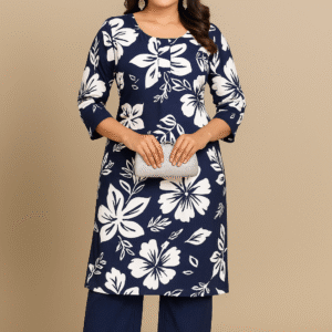 Elegant Navy Blue Floral Printed Kurti with Palazzo Set – Combo Sizes (M to XXL)