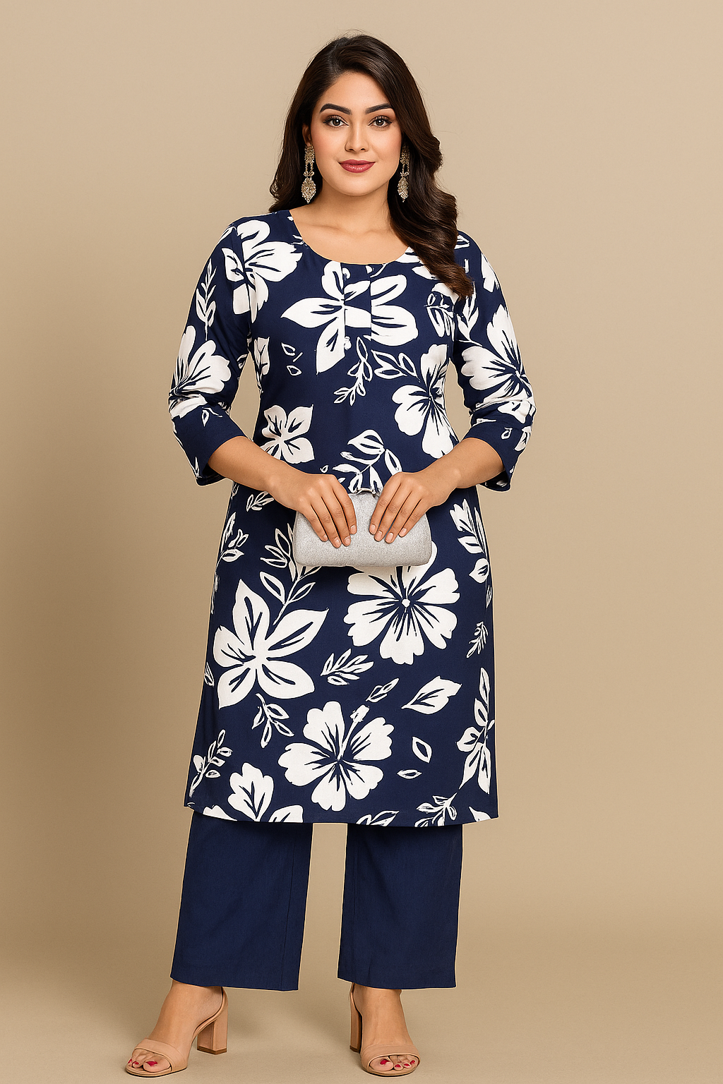 Elegant Navy Blue Floral Printed Kurti with Palazzo Set – Combo Sizes (M to XXL)