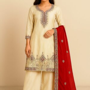 REGAL Off White Embroidered Kurta Set With Red Dupatta