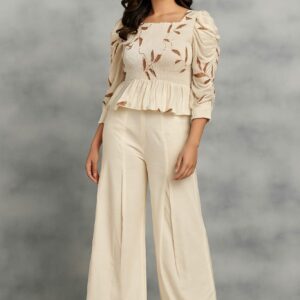 Beige Smocked Peplum Cord Set with Leaf Embroidery